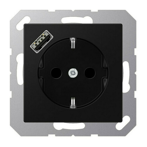 Розетка с USB Jung A 500, скрытый монтаж, с заземлением, черный матовый, A1520-18ASWM