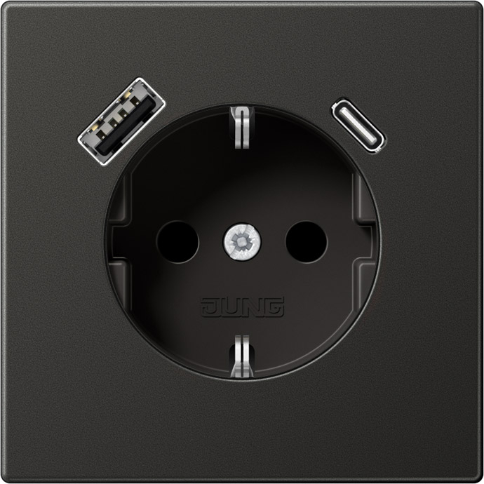 Розетка USB A+C с электрической розеткой LS 990, LS-design, FD-design, USB type-C 5V, USB type-A 5V, Электр. с USB, двойная, цвет - антрацит